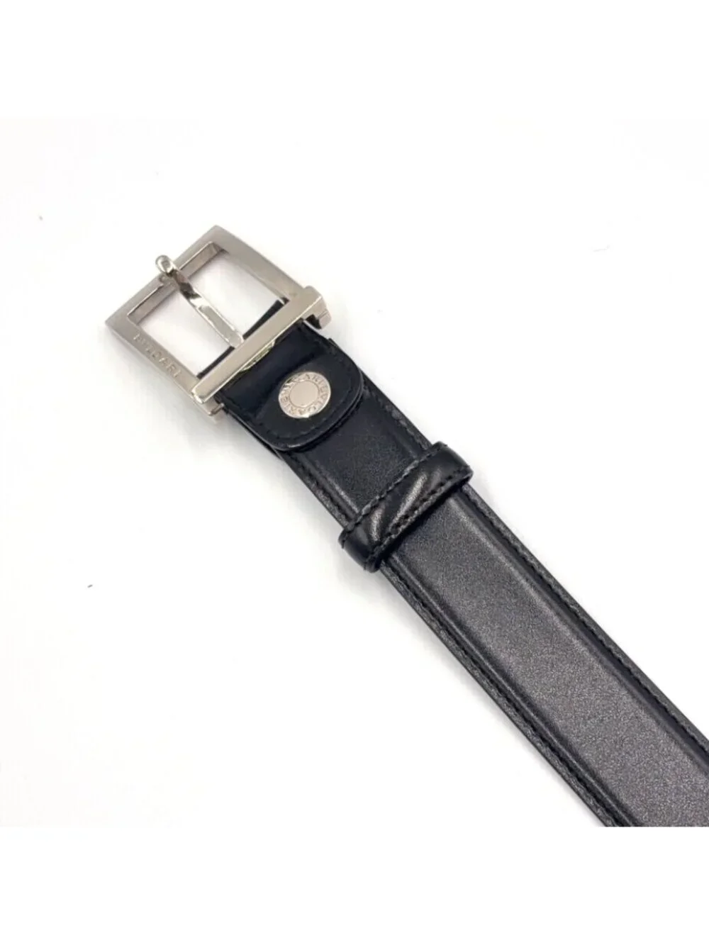 Bvlgari Square Buckle Leather Black Belt Silver